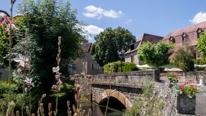 Un puente de piedra sobre un canal, rodeado de abundante vegetación y edificios tradicionales de piedra con ventanas de tejado.