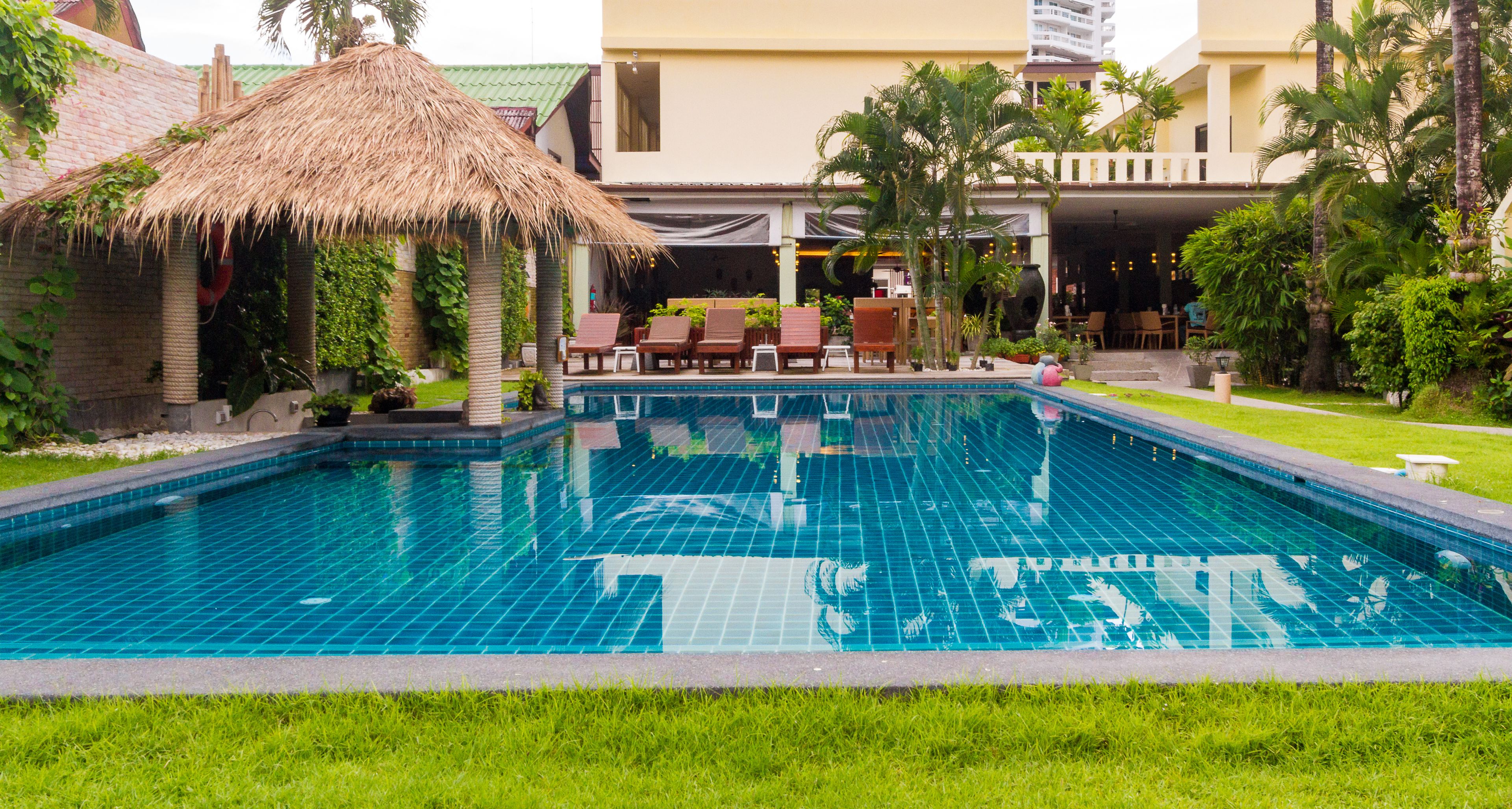 outdoor pool, pool loungers