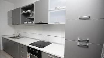 Full-size fridge, stovetop, dishwasher