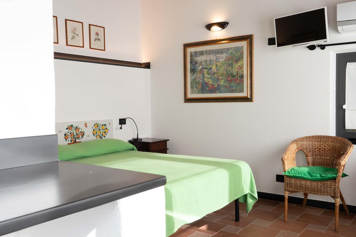 Une pièce avec un lit, une chaise, un téléviseur et un tableau au mur.