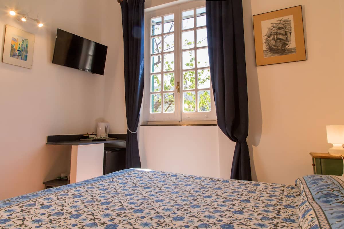 Une chambre à coucher avec un lit, un bureau, une télévision, une fenêtre avec des rideaux et un tableau encadré au mur.
