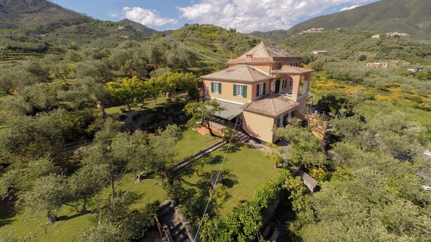 Une grande maison avec un toit en tuiles, entourée d’une végétation luxuriante et avec des collines en arrière-plan.