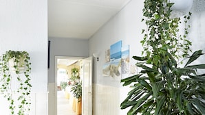 A hallway with white walls, a wooden floor, and hanging plants. There is a door leading to another room. - Hotel Fjordkroen (Tappernoje)