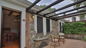 A covered patio with stone walls, a fireplace, and outdoor furniture.
