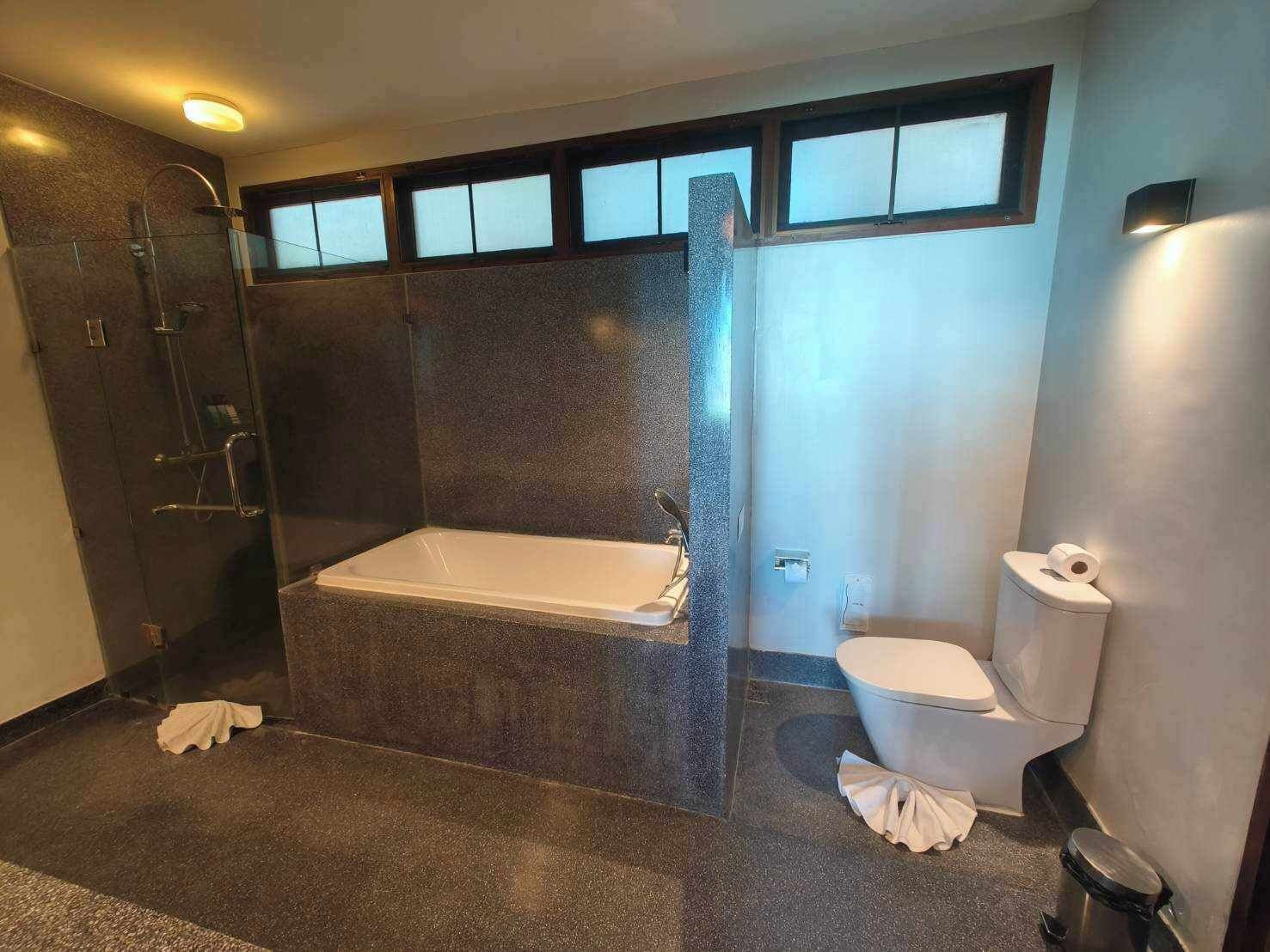 A modern bathroom with a bathtub, toilet, and shower.