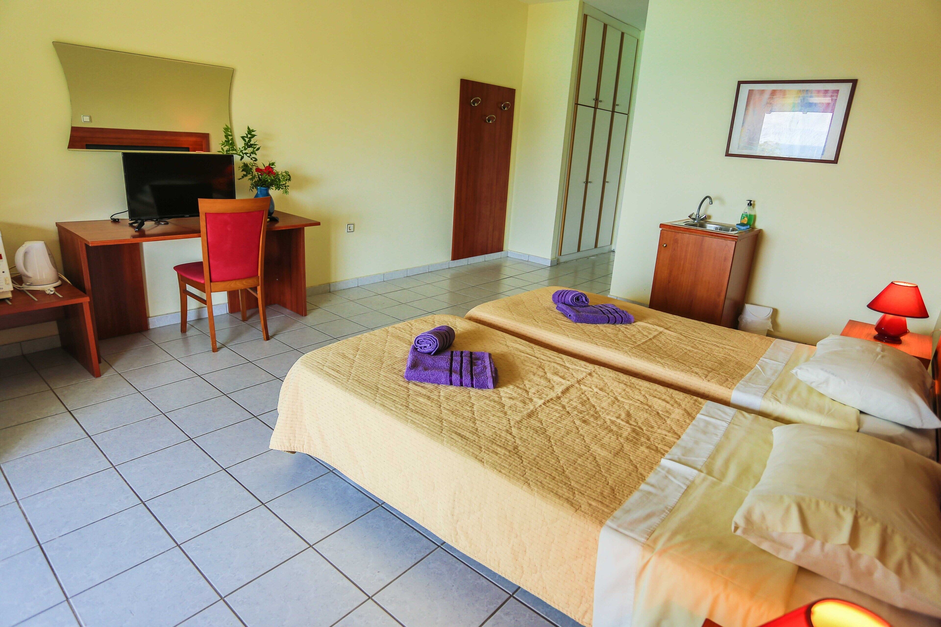 A hotel room with a bed, a desk, a chair, a TV, and a wardrobe.