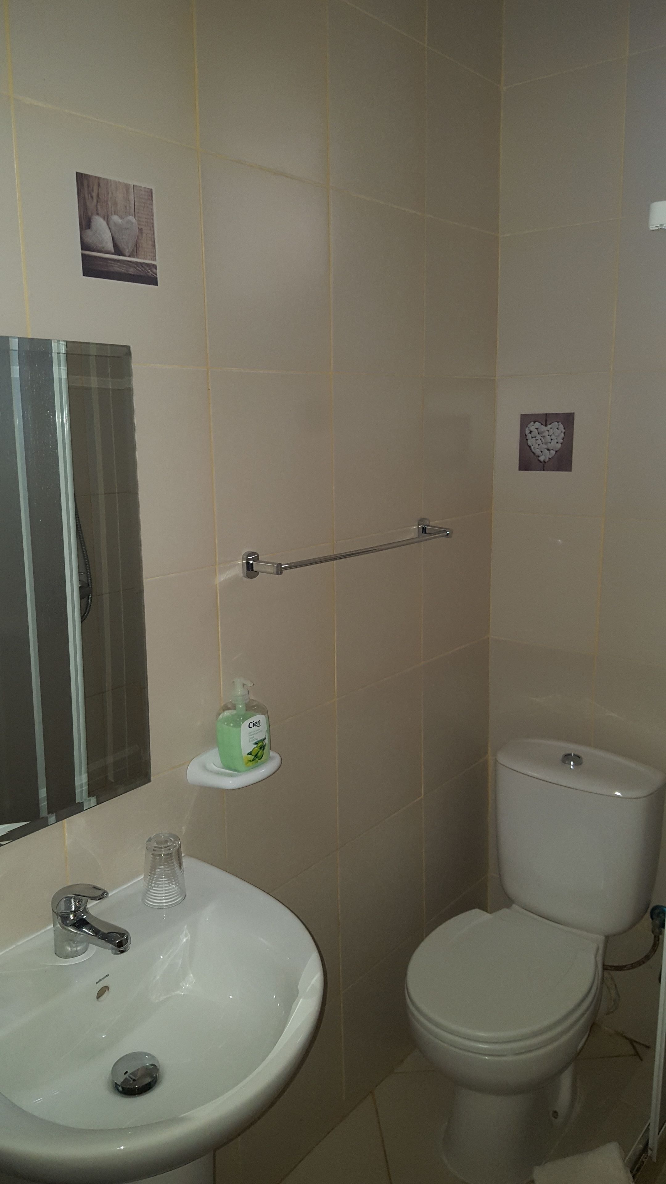 Un baño con lavamanos, espejo, inodoro y zona de ducha.