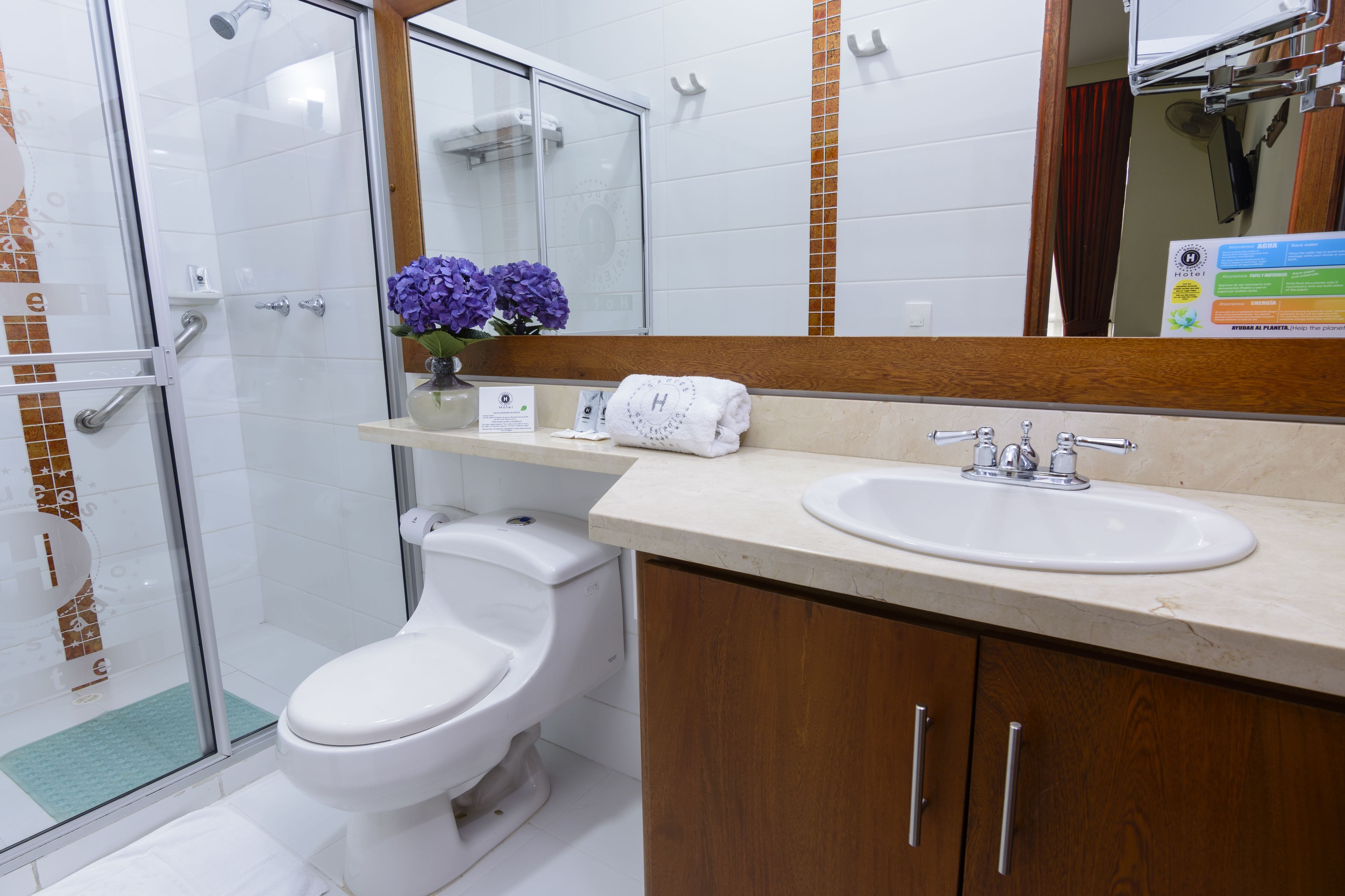 family room | bathroom | shower, free toiletries, hair dryer, towels