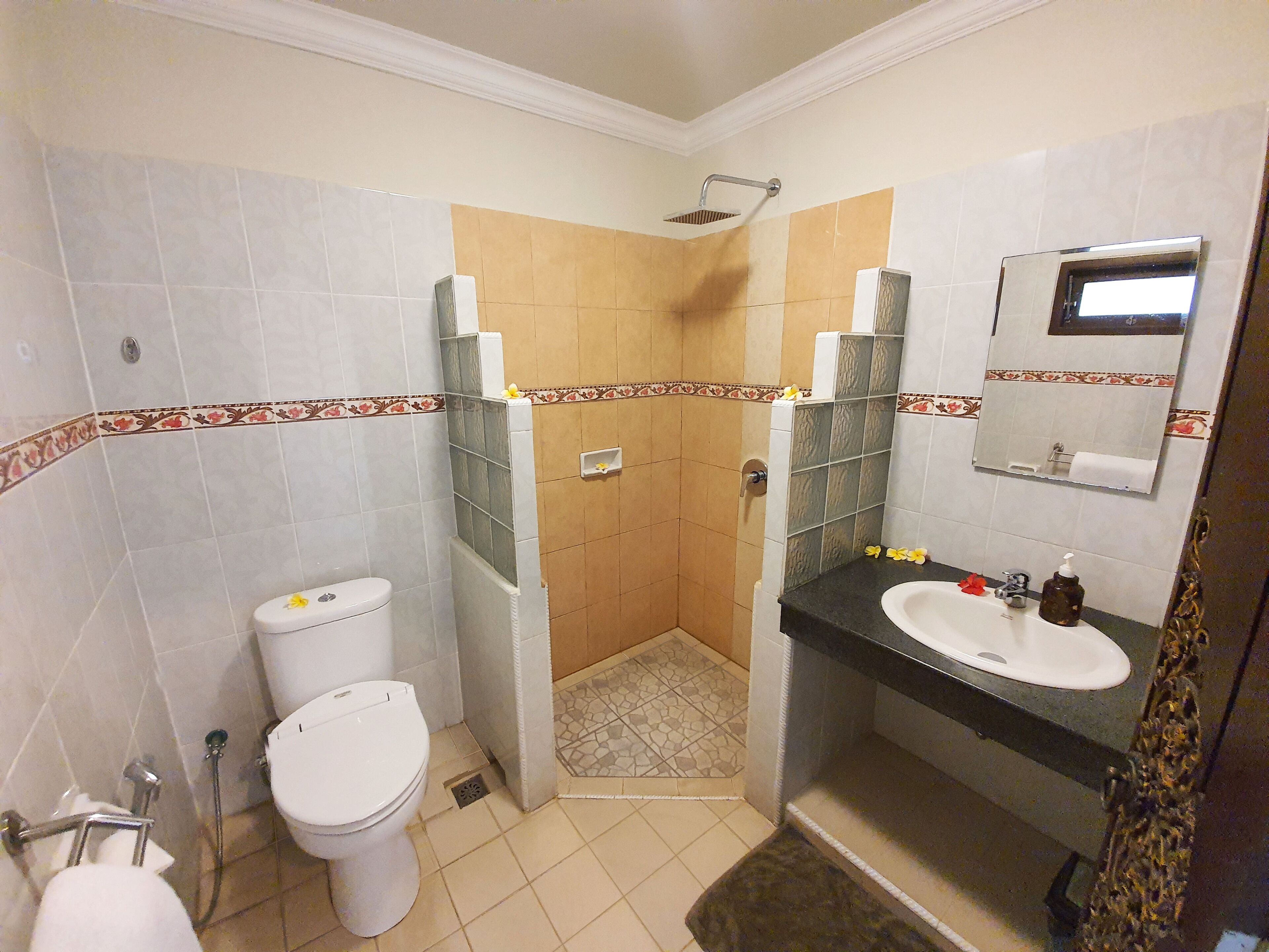 shower, rainfall showerhead, free toiletries, hair dryer