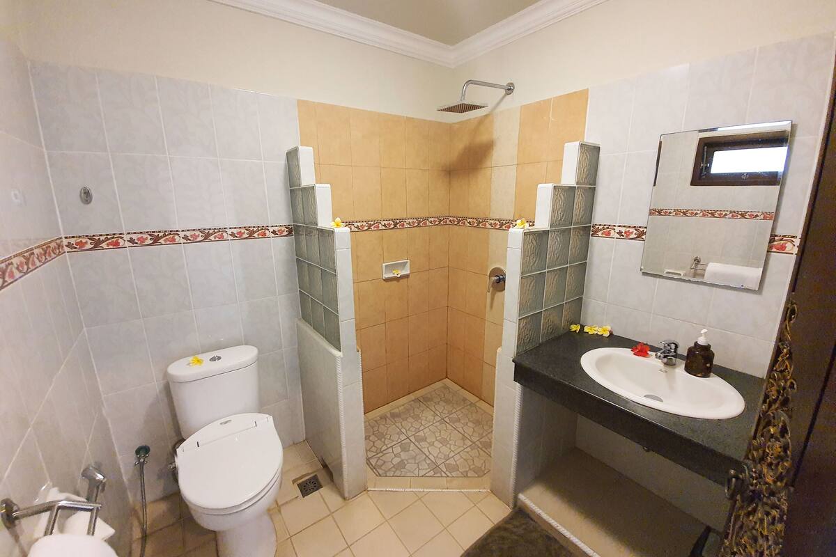 shower, rainfall showerhead, free toiletries, hair dryer