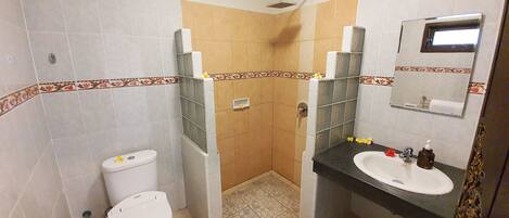 Ein Badezimmer mit Toilette, Dusche und Waschbecken.