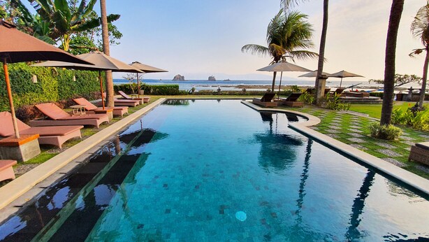 Una piscina con lettini e ombrelloni, circondata da palme e vista sul mare.