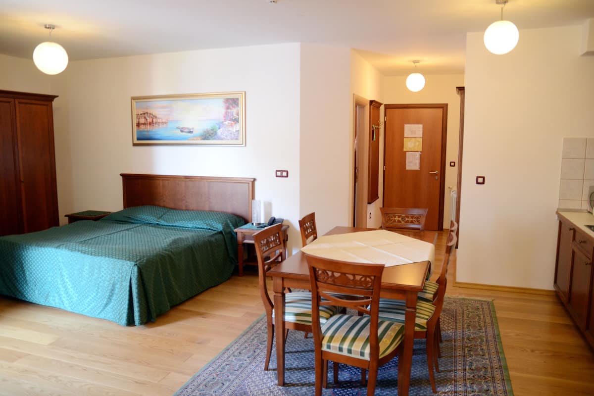 Ein Zimmer mit einem Bett, einem Esstisch mit Stühlen und einer kleinen Küchenzeile.