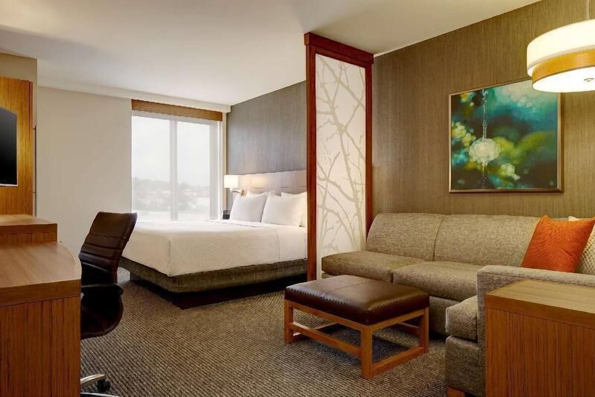 A hotel room with a bed, a sofa, a desk, and a chair.