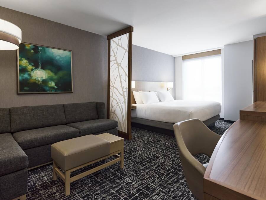 A hotel room with a large bed, a sofa, a desk, and a chair.
