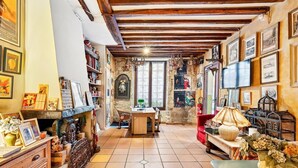 Um quarto aconchegante e rústico, com vigas de madeira aparentes, uma parede de pedra e piso de azulejos. Há uma mesa de madeira com cadeiras, uma estante repleta de livros e objetos decorativos, e uma televisão fixada na parede.