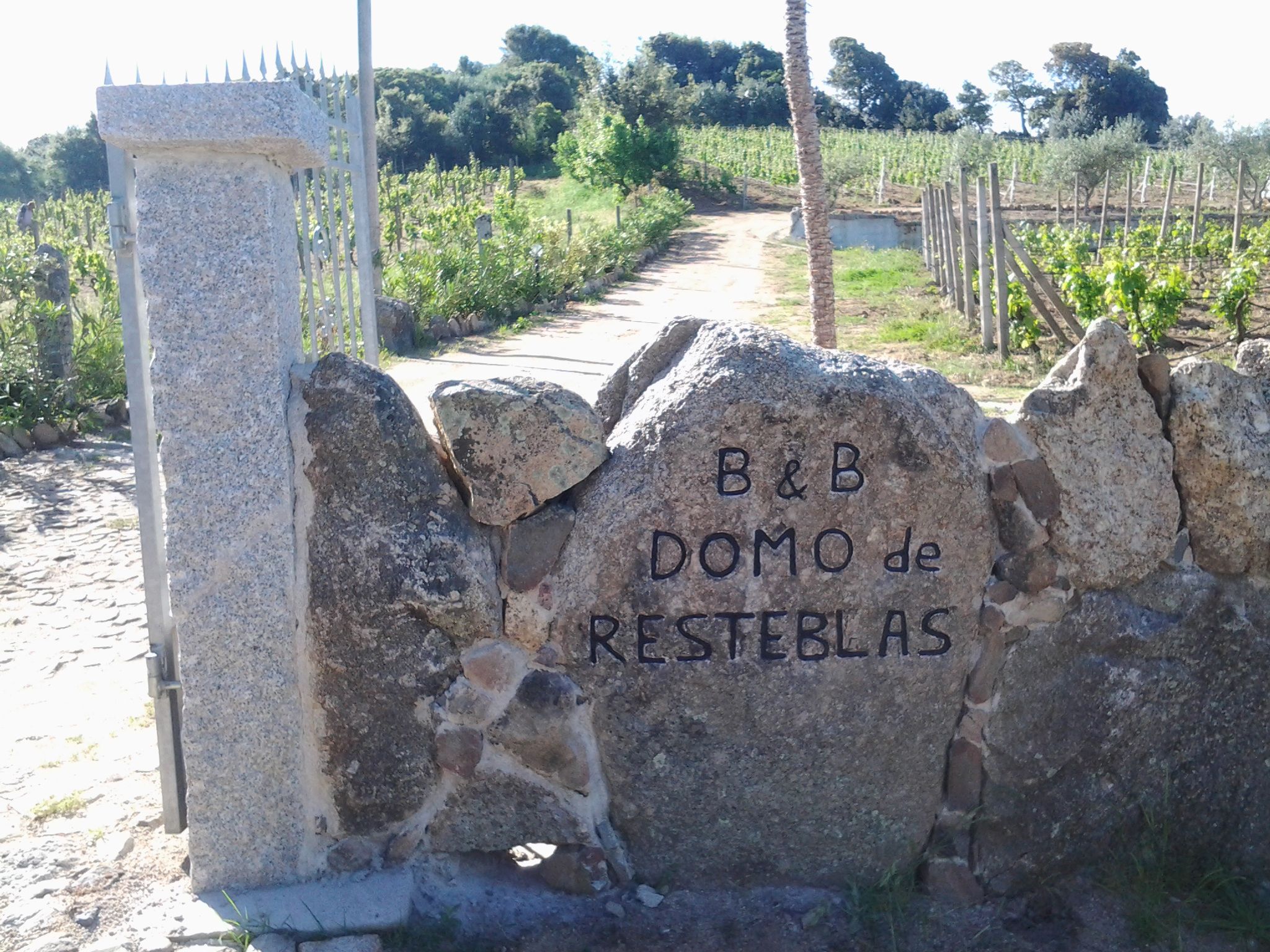 Eine Steinsäule mit der Aufschrift "B&B DOMO de RESTEBLAS" und ein Tor zu einem Weinberg.