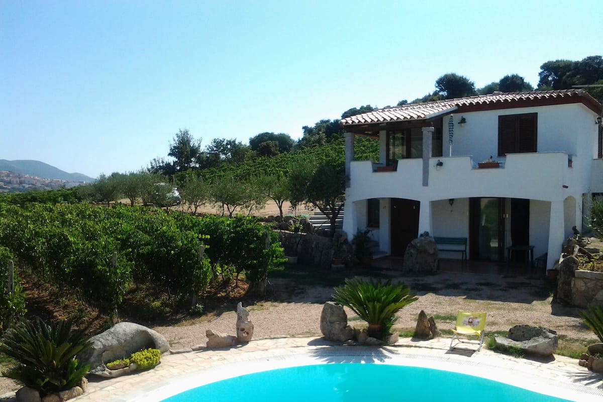 A two-story white house with a swimming pool, surrounded by greenery and a vineyard in the background.