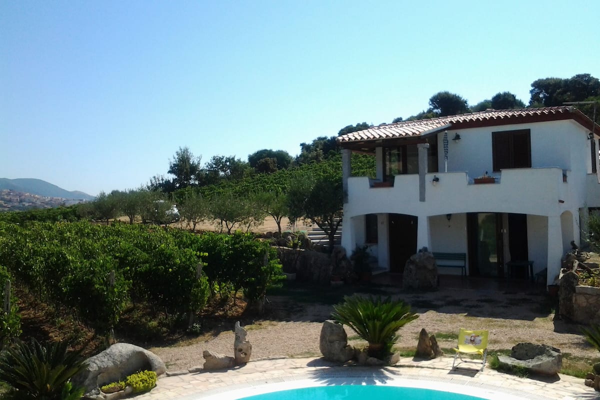 A two-story house with a pool, surrounded by greenery and a clear sky.