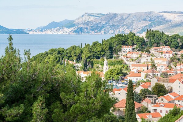 A coastal town with buildings, a church, and a mountain backdrop.