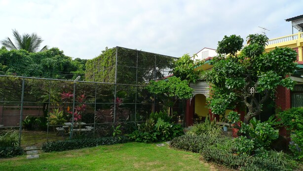 Ein Garten mit eingezäunter Fläche, verschiedenen Pflanzen und einem Gebäude mit gelber Fassade.