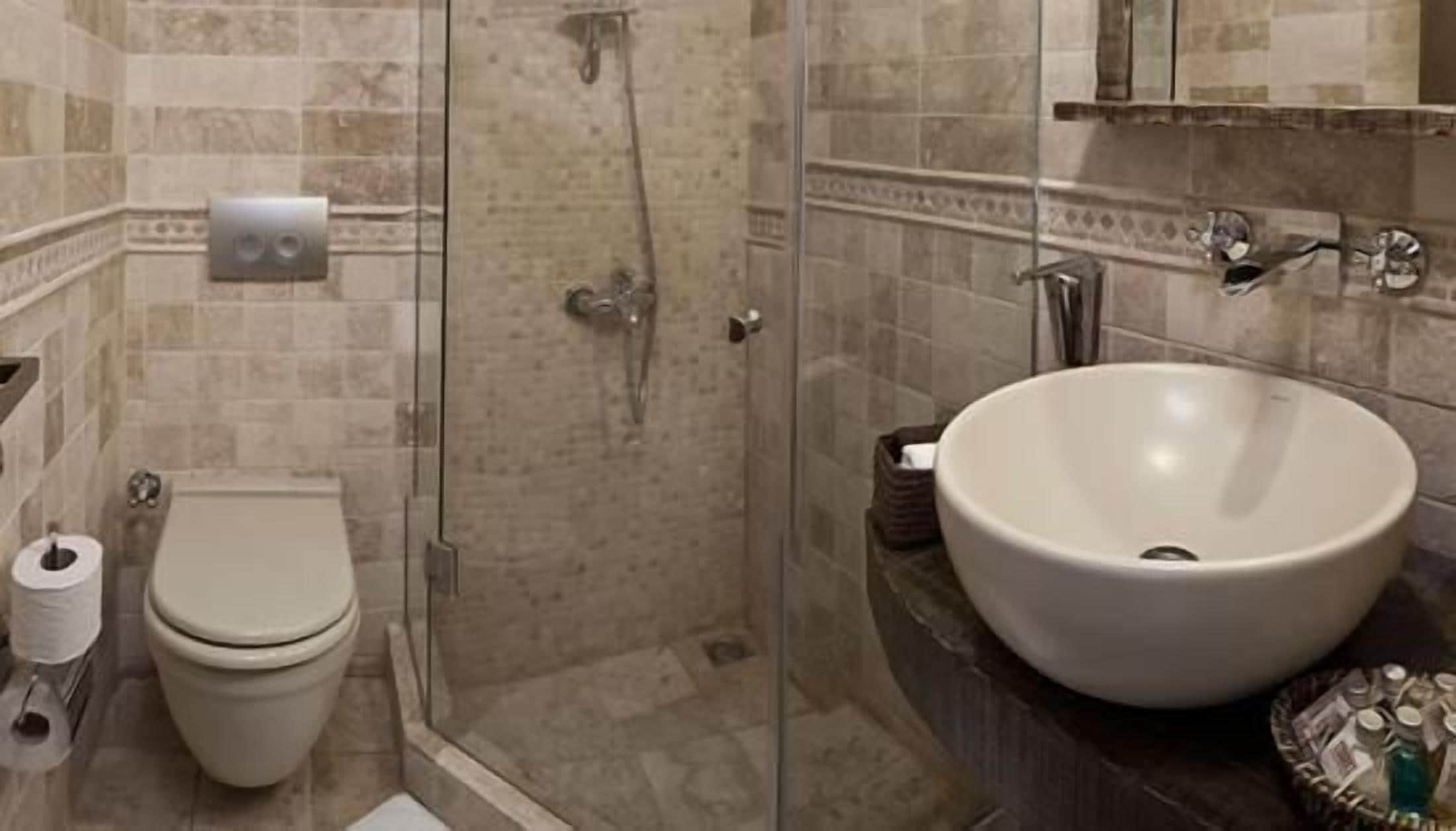 A bathroom with a toilet, a glass-enclosed shower, and a large sink.