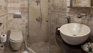 A bathroom with a toilet, a glass-enclosed shower, and a large sink.