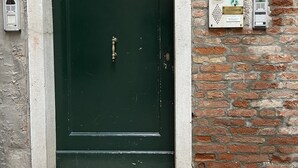 A green door with a brass handle, a number plate above it, and two electrical boxes on the adjacent brick wall. - Ca' Rialto House (Venice)