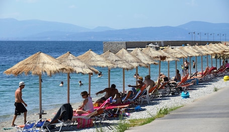 En la playa, sillas reclinables de playa, sombrillas, pesca