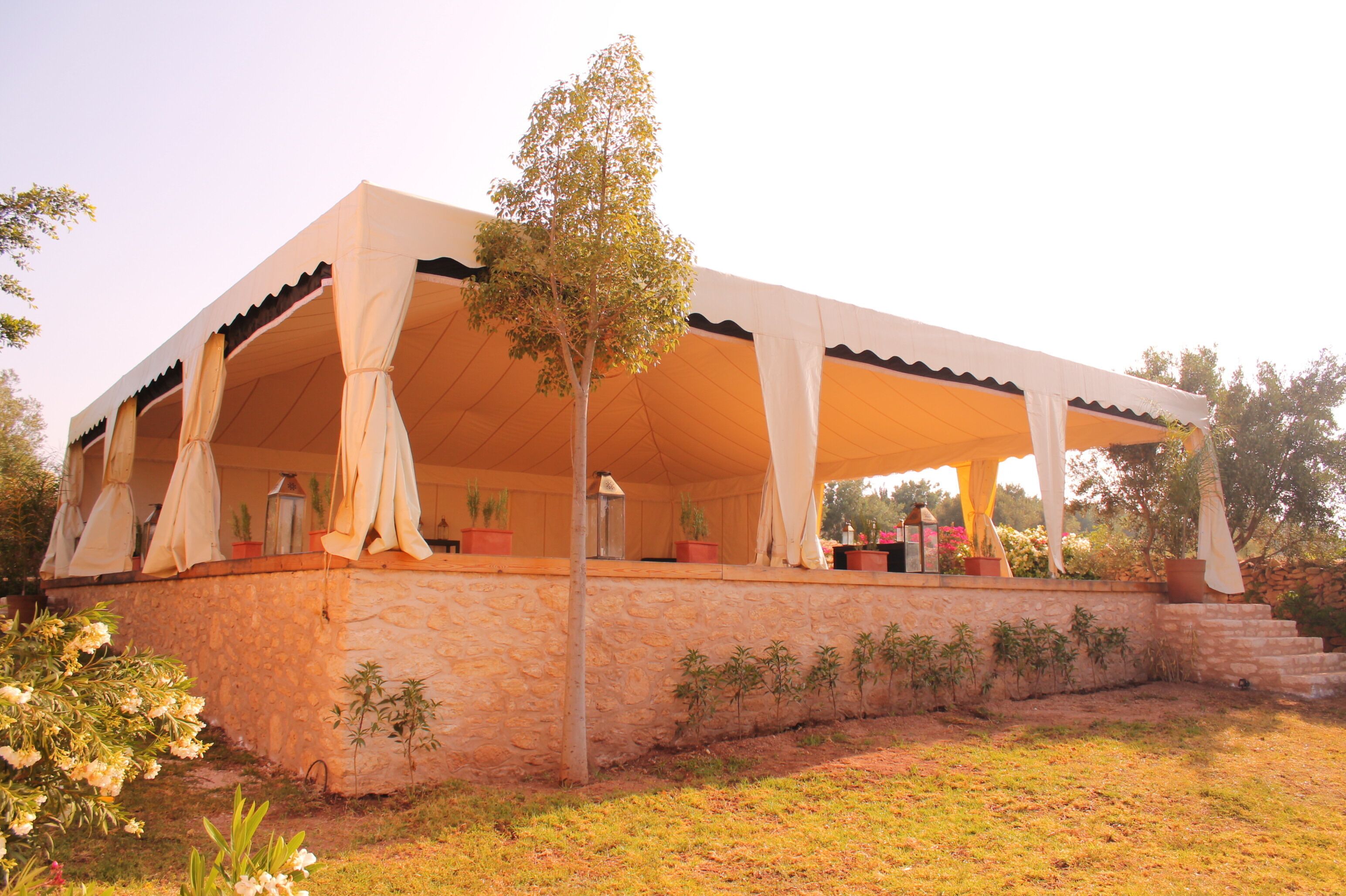 A covered outdoor area with a stone wall, potted plants, and a tree.