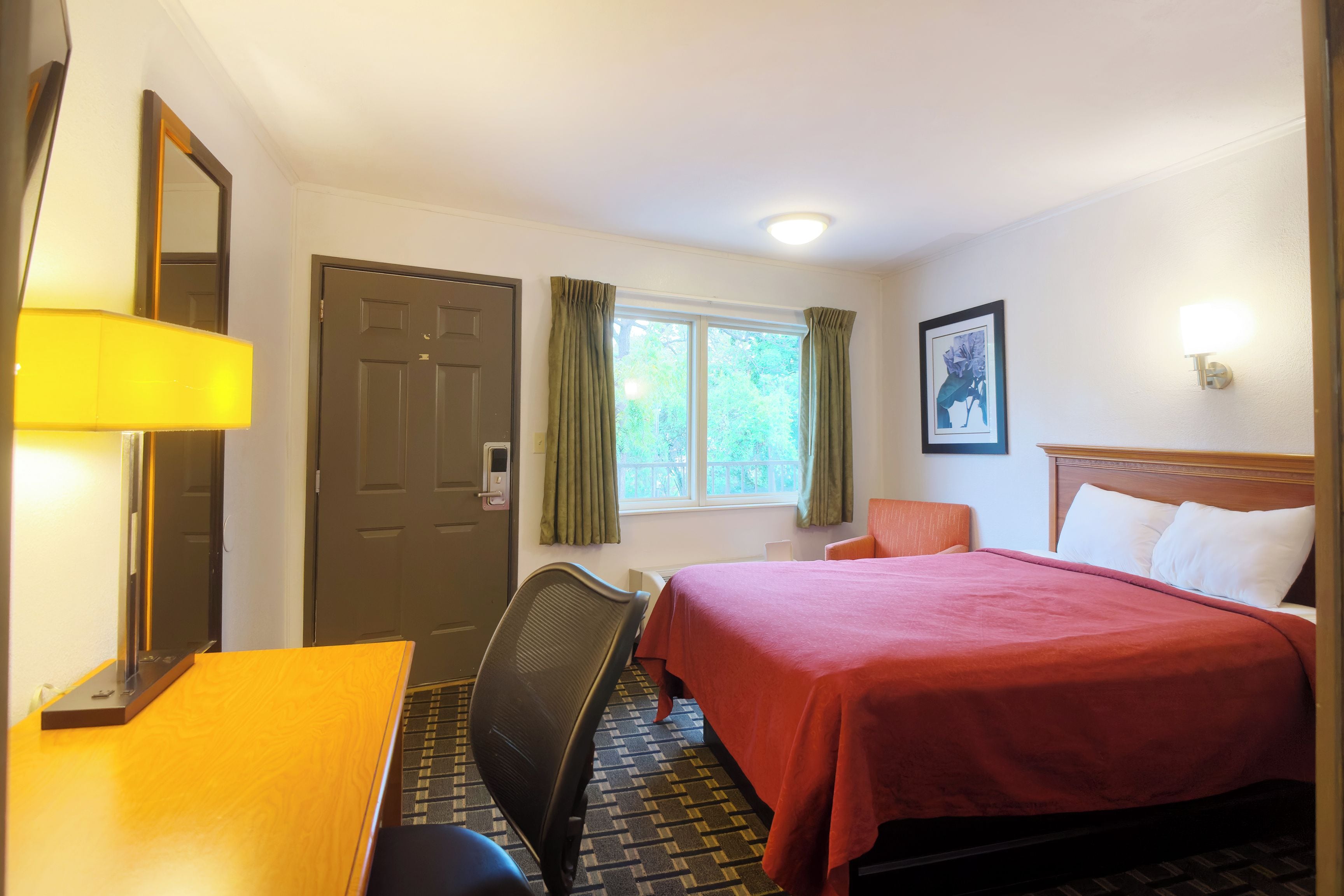 A hotel room with a bed, a desk, a chair, a door, a window with curtains, and a wall-mounted lamp.