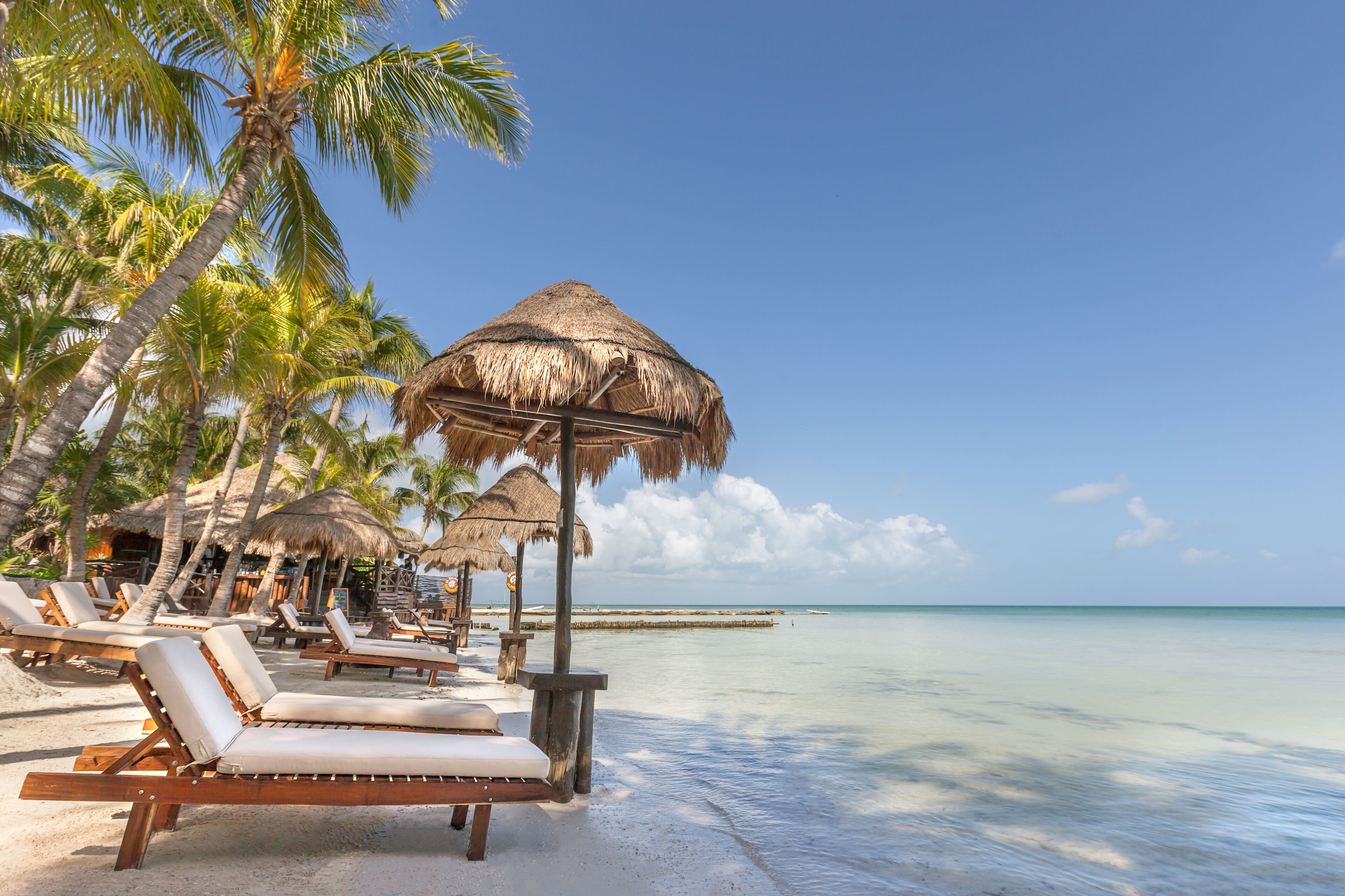 A beach with lounge chairs and thatched umbrellas.