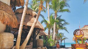 A beachside hotel with thatched-roof structures, palm trees, and a sign welcoming guests. - Beachfront Hotel La Palapa - Adults Only (Isla Holbox)