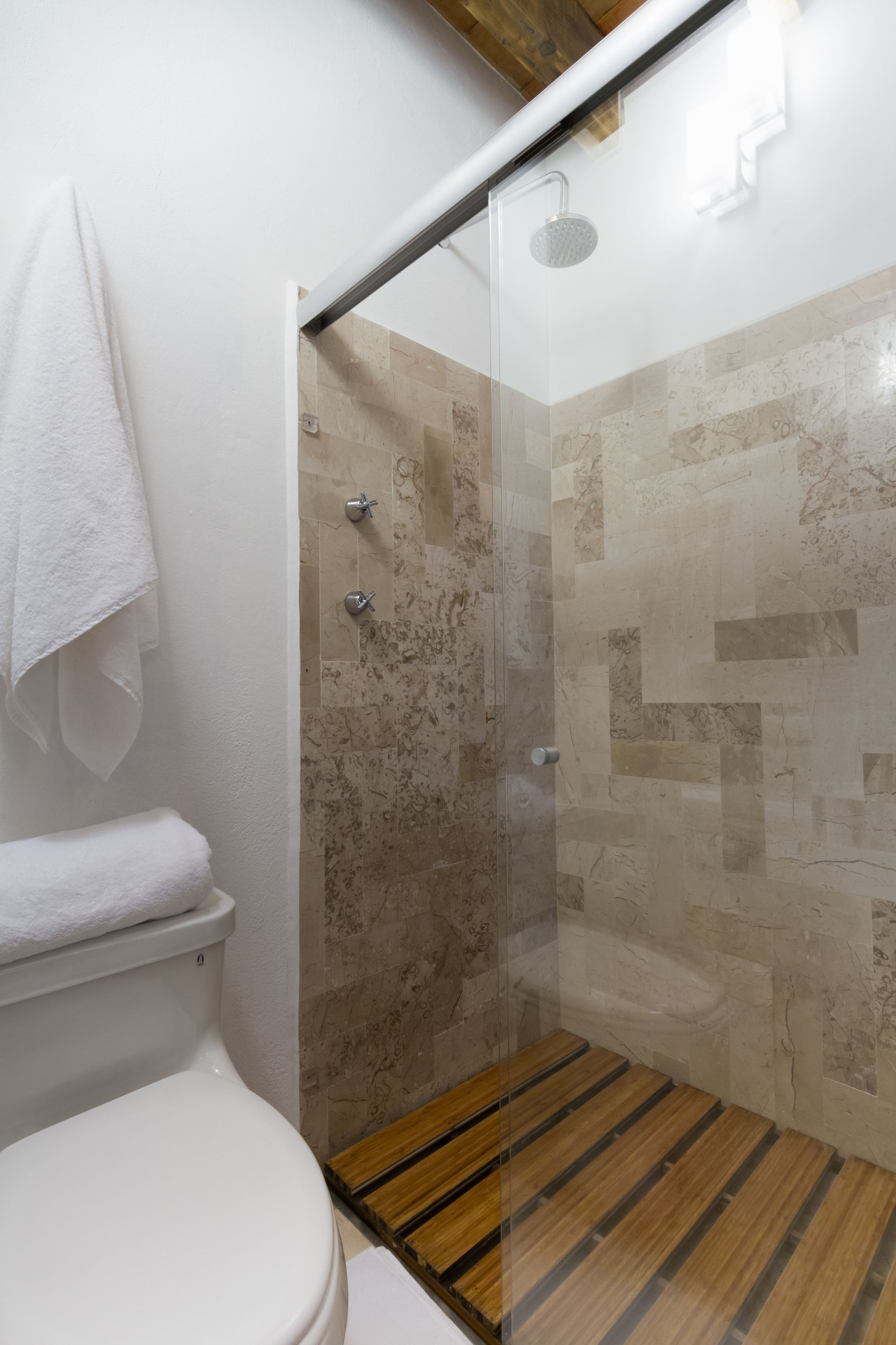 Une salle de bain avec une douche à parois de verre, des toilettes et un plancher en bois.
