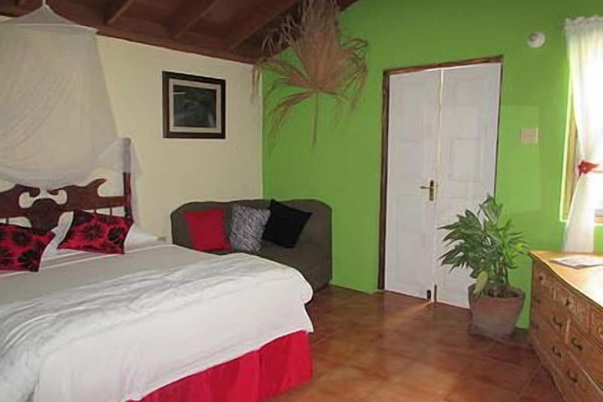 A bedroom with a bed, a dresser, a door, and a potted plant.