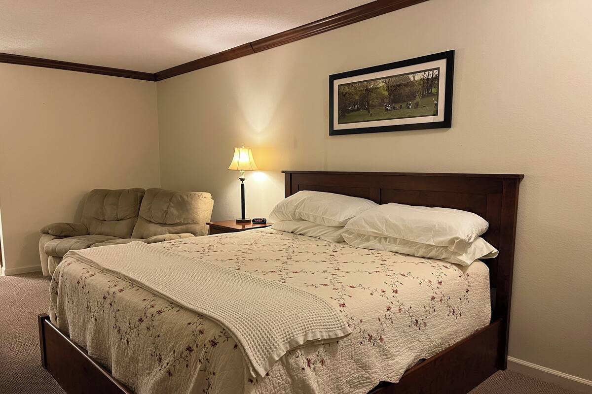 A bedroom with a large bed, a nightstand with a lamp, a chair, and a framed picture on the wall.