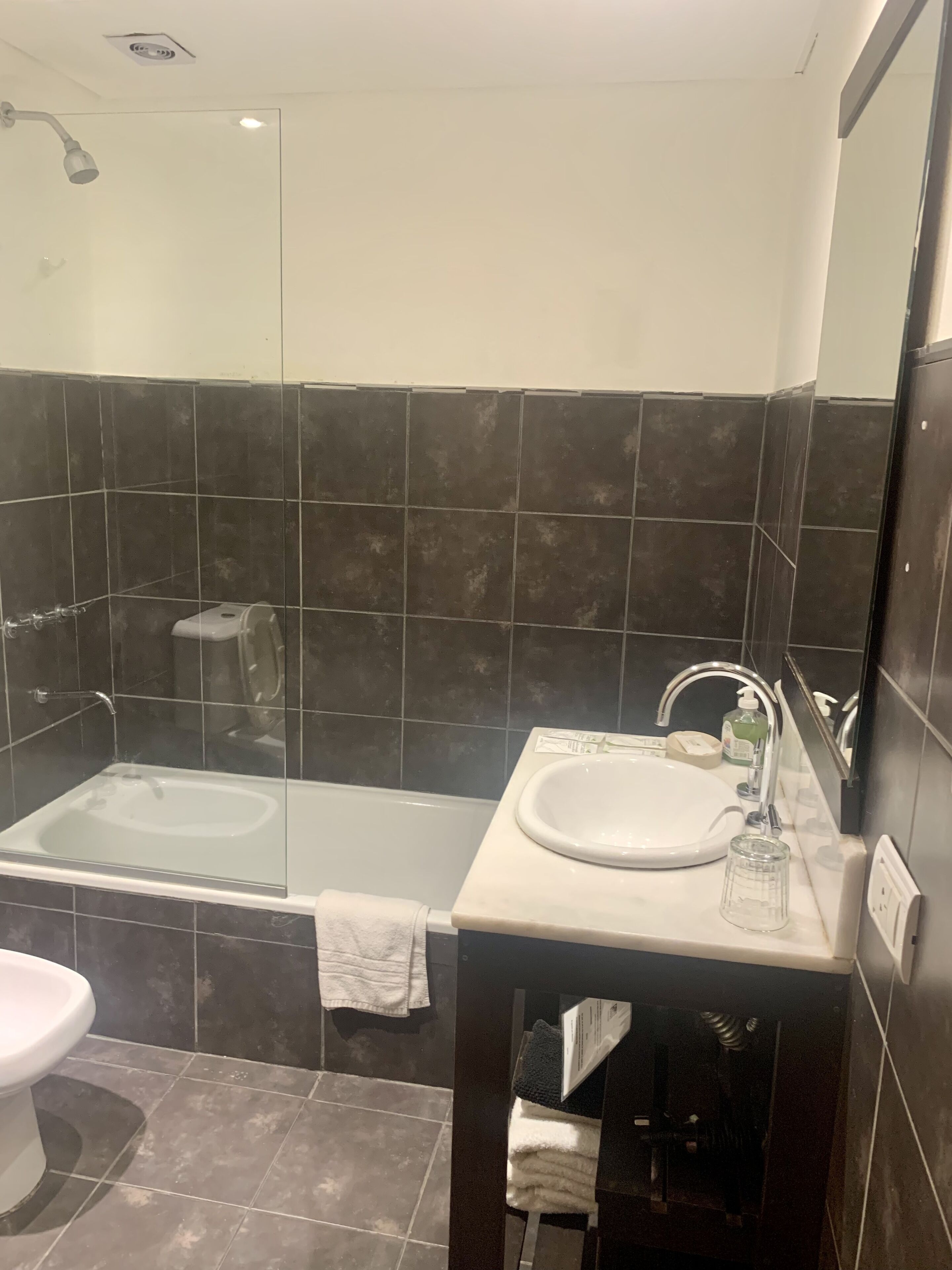 A modern bathroom with a glass-enclosed shower, a bathtub, a sink, and a toilet.
