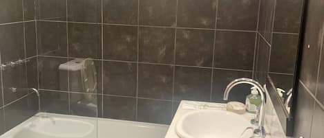 A modern bathroom with a glass-enclosed shower, a bathtub, a sink, and a toilet.