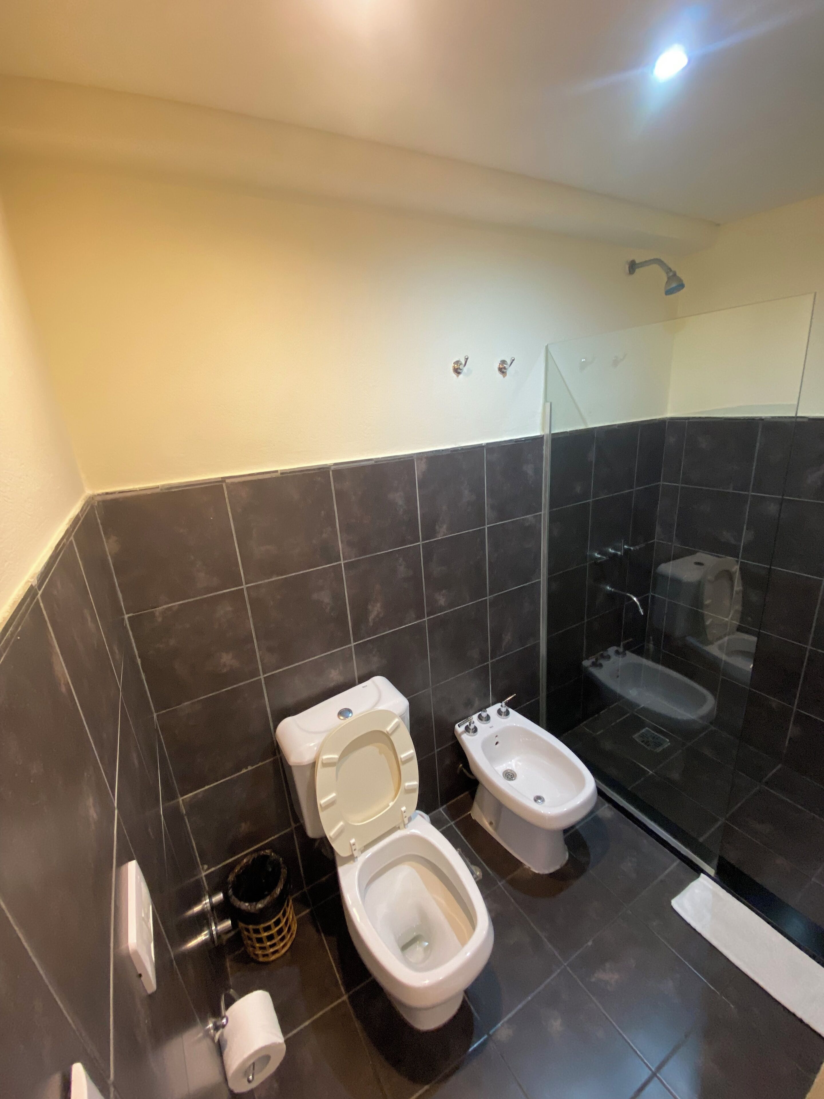 Une salle de bain moderne équipée de toilettes, d’un bidet et d’une douche à parois de verre.