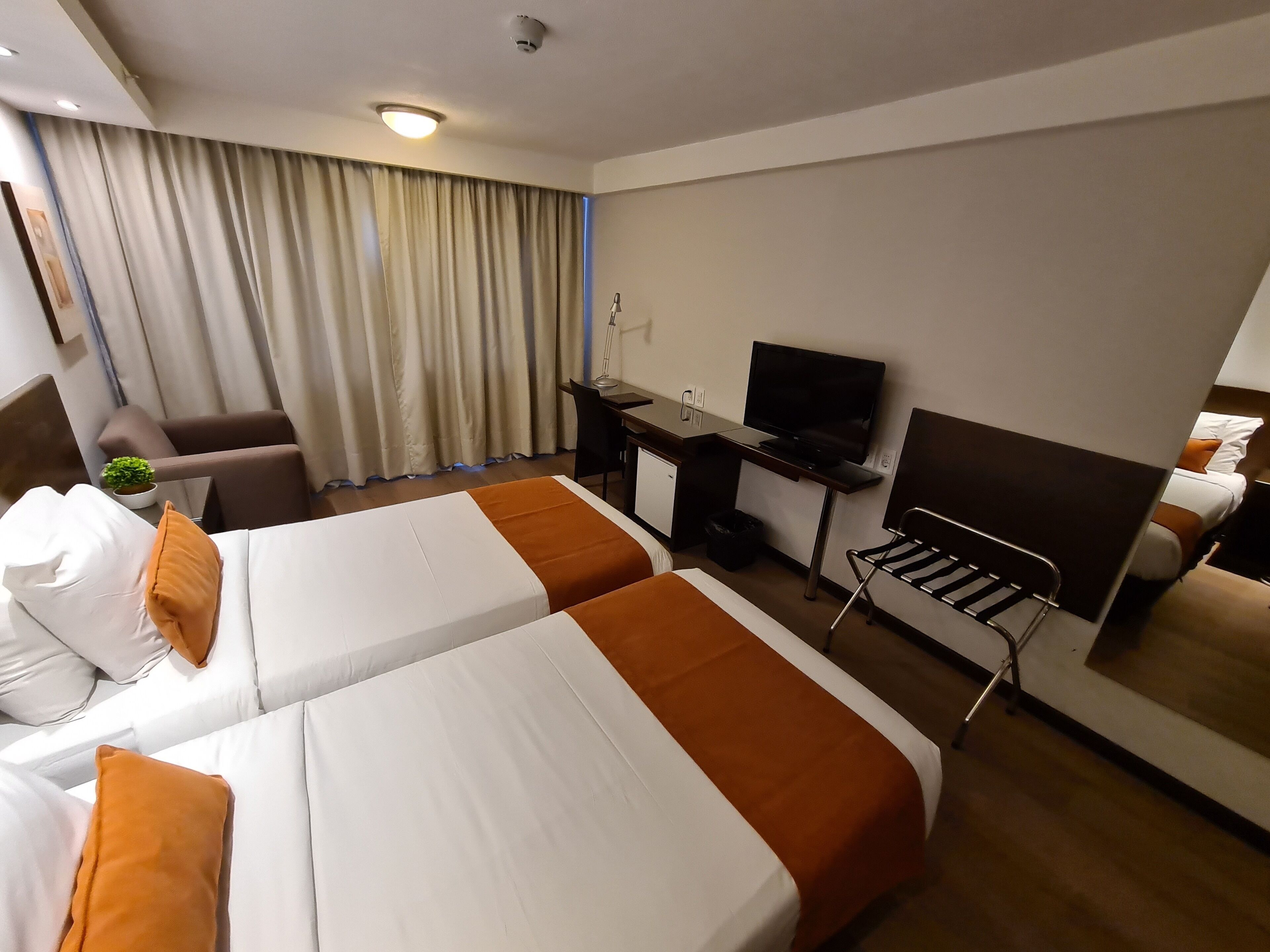 A hotel room with two beds, a desk, a chair, a television, and a small plant.