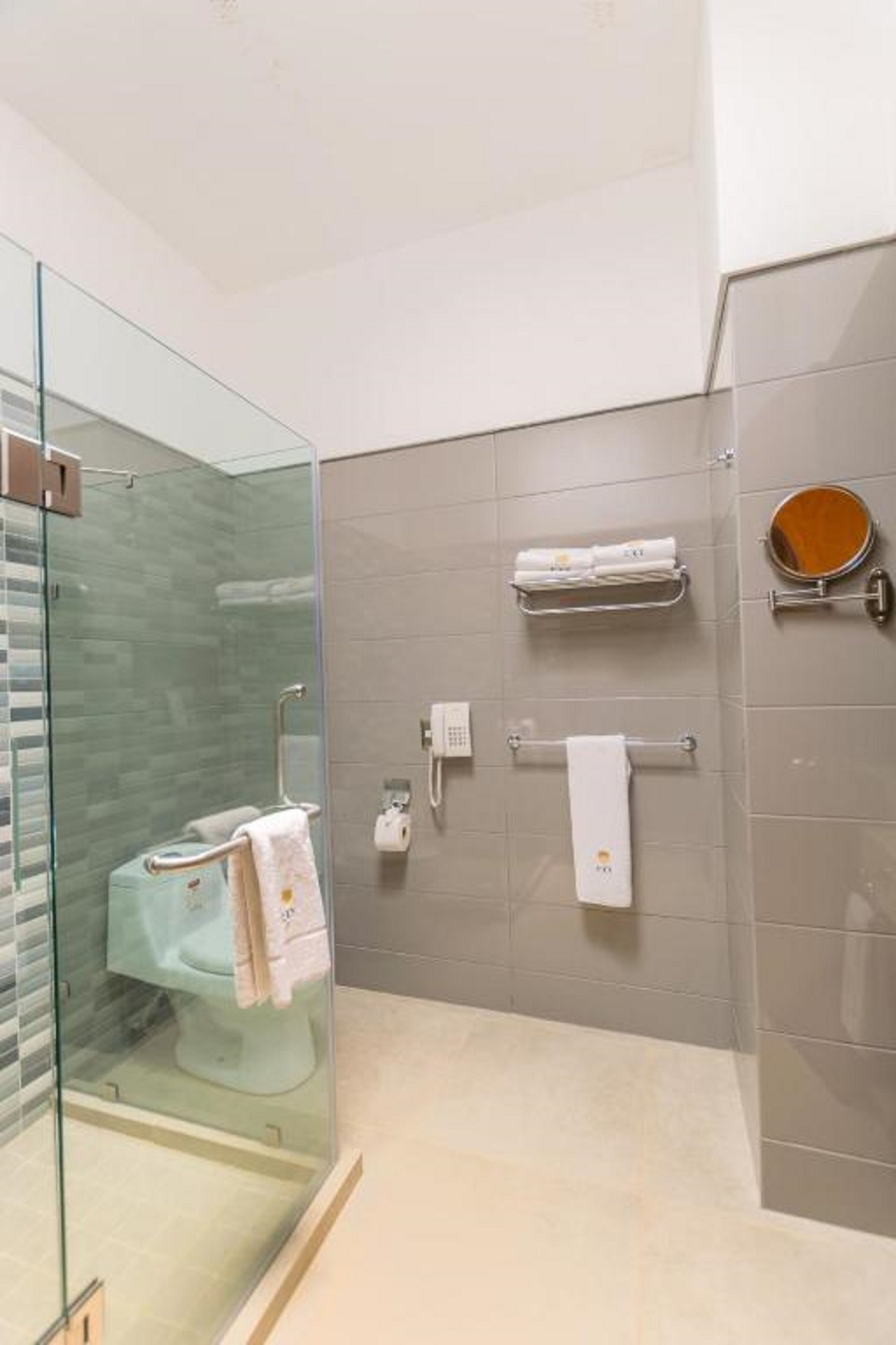 Ein modernes Badezimmer mit Duschkabine aus Glas, Toilette, Handtuchhalter und Spiegel.