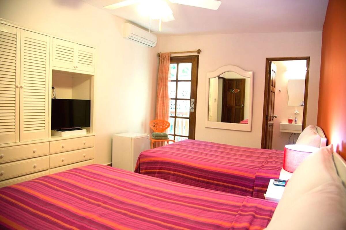 A bedroom with two beds, a TV, a desk, and a chair.
