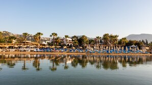 Ein Hotel direkt am Strand mit Reihen von Liegestühlen und Sonnenschirmen, einem ruhigen Meer und im Hintergrund Palmen und Gebäude.