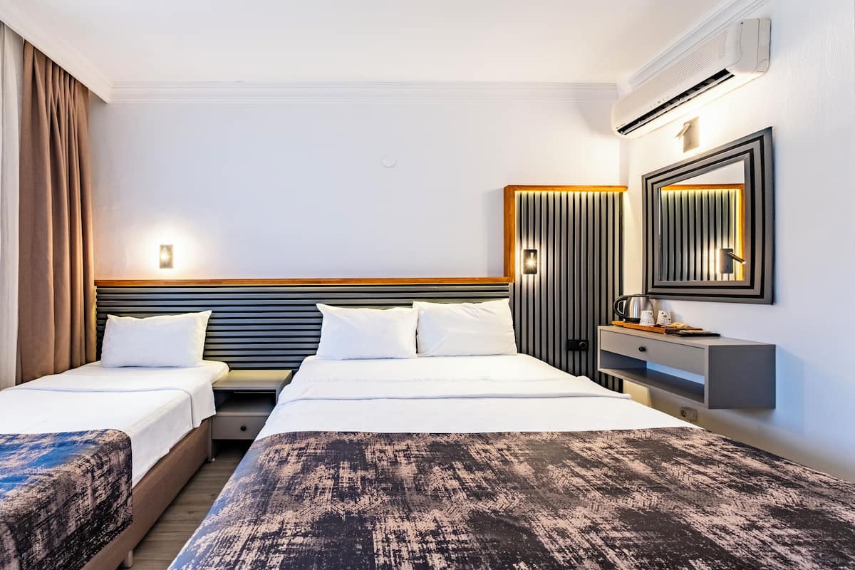 Une chambre d’hôtel avec deux lits, une table de chevet, un miroir et un appareil de climatisation.