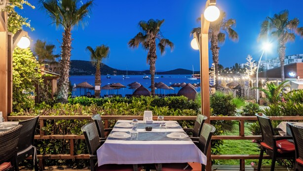Ein Restaurant mit Außenbereich, das auf ein Gewässer mit Palmen und einer Bergkulisse blickt.