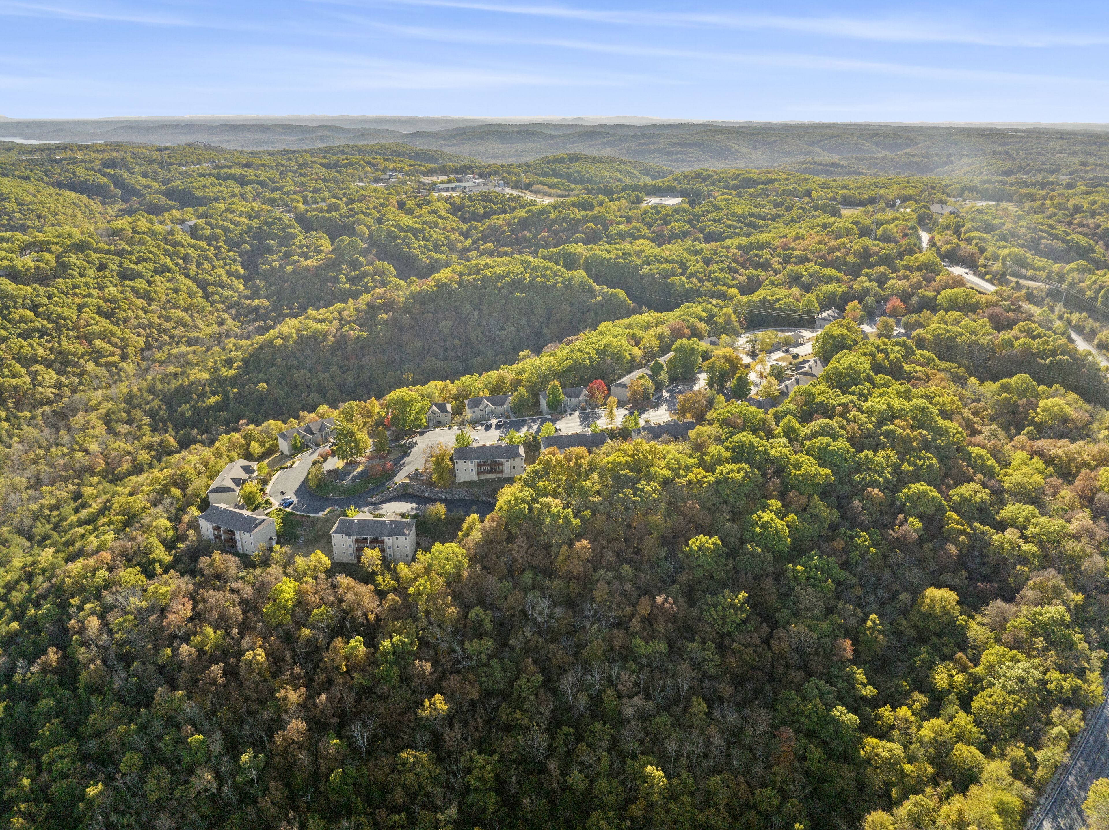 An aerial view of a residential area with houses surrounded by dense forest.