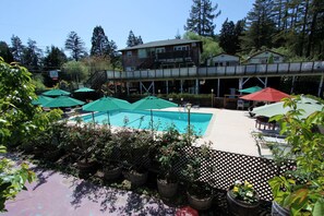 Outdoor pool, sun loungers - The Woods Hotel - Gay LGBTQ Cabins (Guerneville)