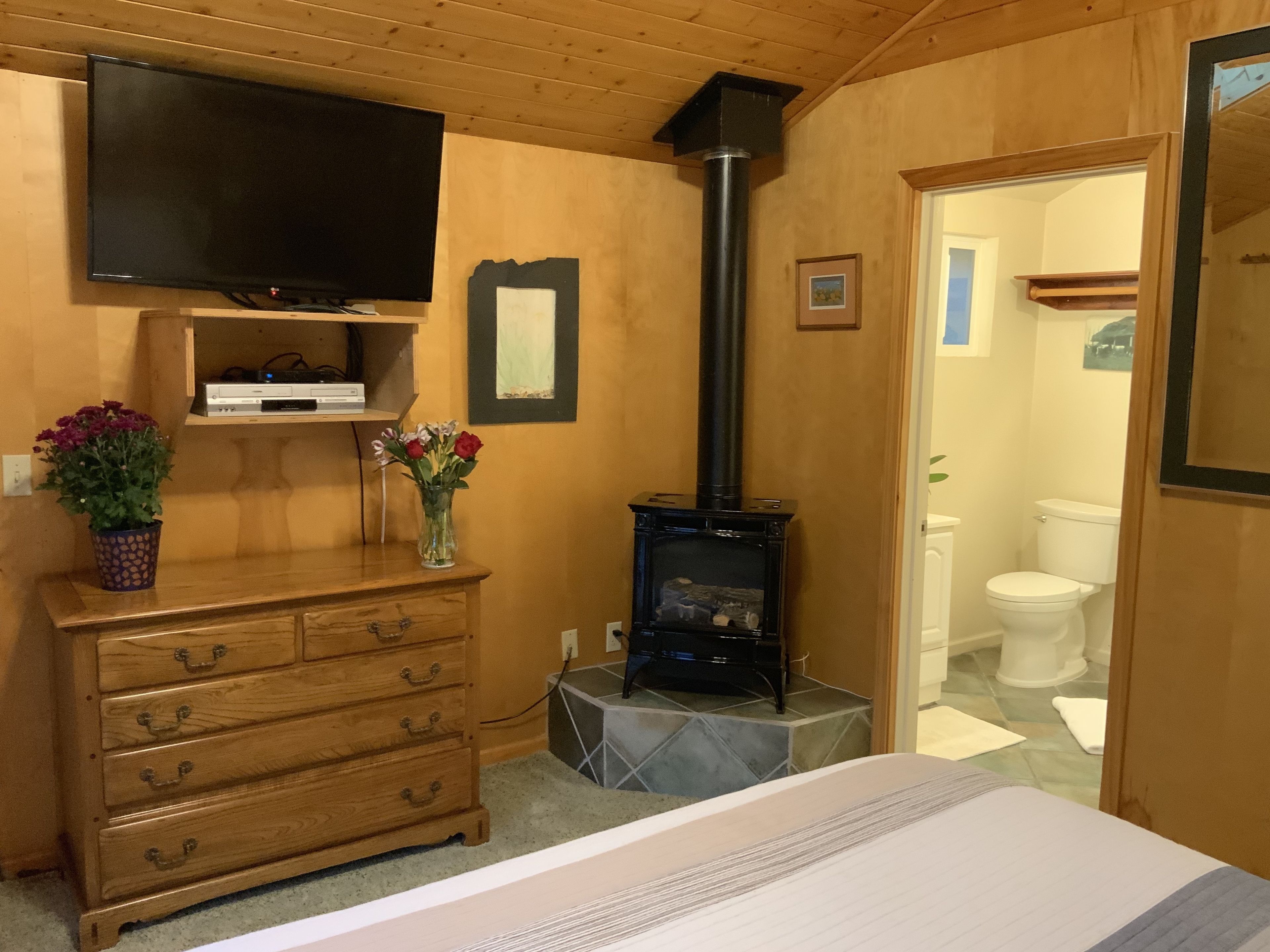 Ein Holzinnenraum mit Fernseher an der Wand, einem Schrank mit Schubladen, einer Vase mit Blumen, einem schwarzen Kaminofen und einer Toilette, die durch eine offene Tür sichtbar ist.