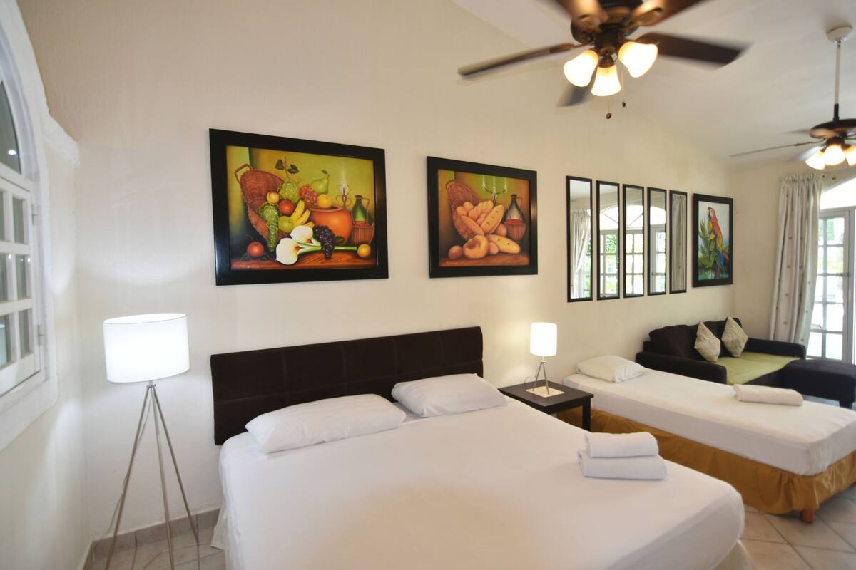 Deluxe Studio, Kitchen, Pool View | Iron/ironing board, WiFi (free), individually decorated, bed sheets