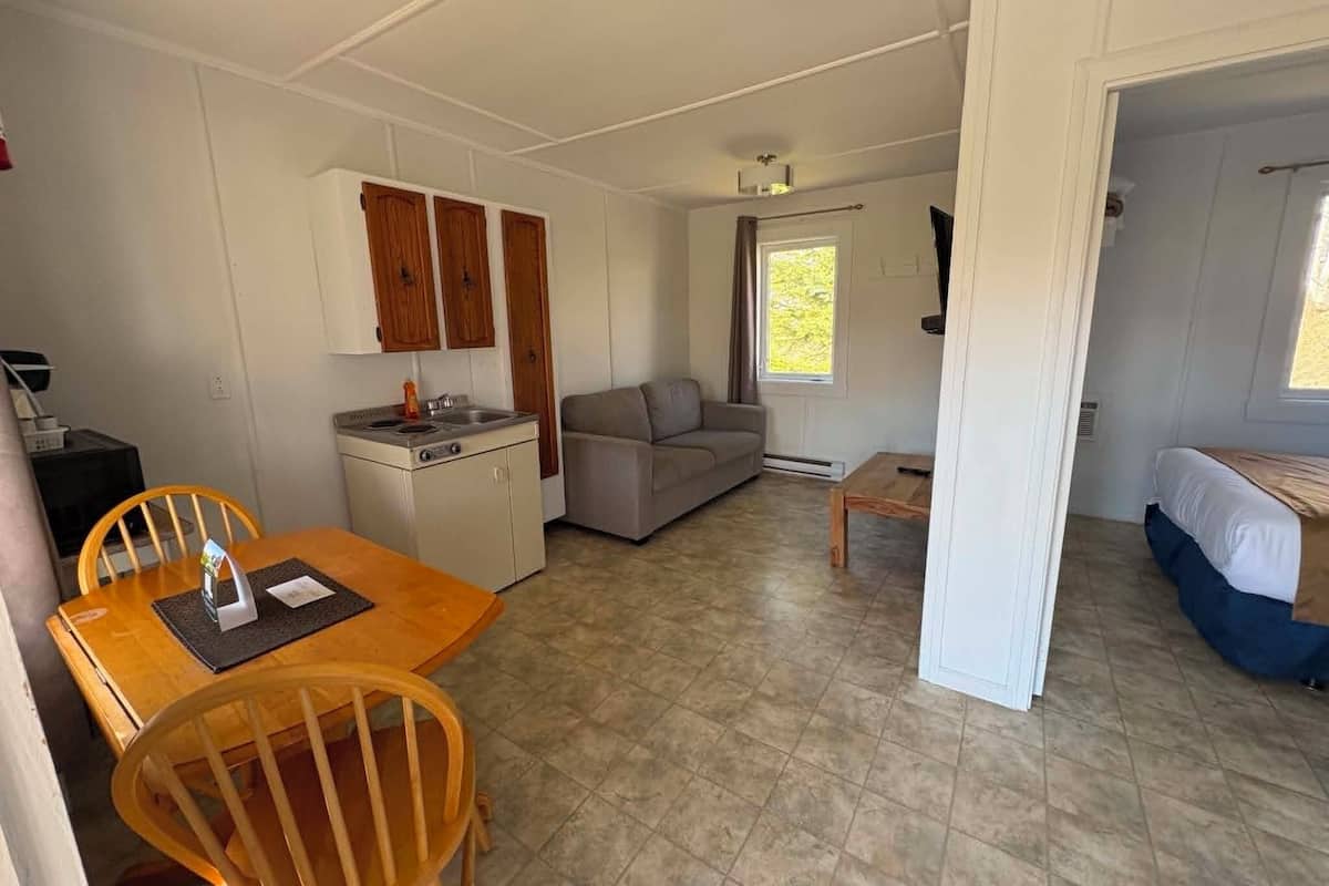 Un espacio habitable compacto con kitchenette, zona de comedor, sofá y cama.